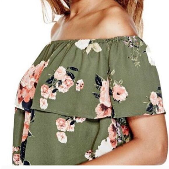 GUESS green  boho spring floral top off shoulder  cold shoulder small - Picture 3 of 9